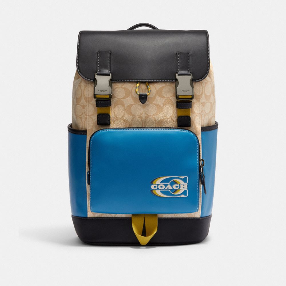 COACH®,TRACK BACKPACK IN COLORBLOCK SIGNATURE CANVAS WITH COACH STAMP,Signature Canvas,X-Large,Black Antique Nickel/Light Khaki/Blue Jay Multi,Front View