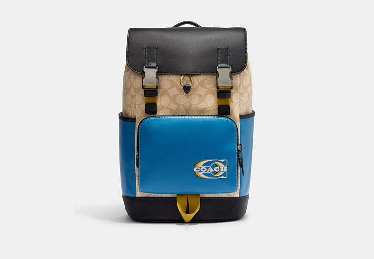 COACH®,TRACK BACKPACK IN COLORBLOCK SIGNATURE CANVAS WITH COACH STAMP,Black Antique Nickel/Light Khaki/Blue Jay Multi,Front View