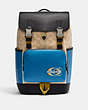 COACH®,TRACK BACKPACK IN COLORBLOCK SIGNATURE CANVAS WITH COACH STAMP,Black Antique Nickel/Light Khaki/Blue Jay Multi,Front View