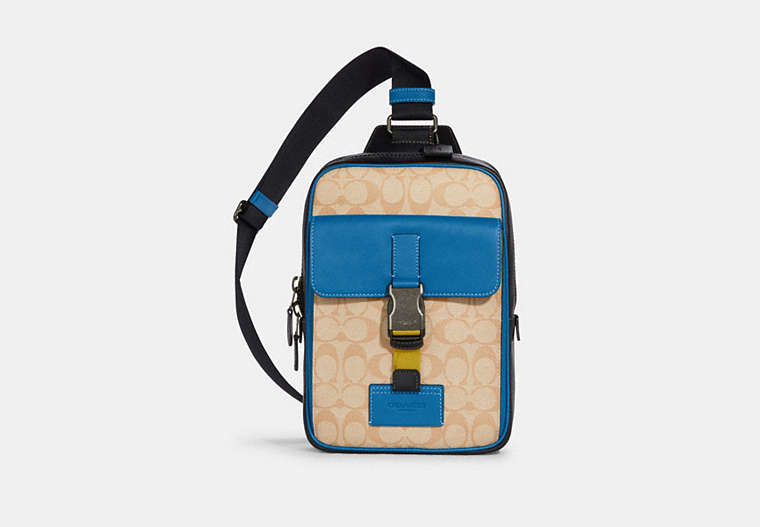 COACH®,TRACK PACK IN COLORBLOCK SIGNATURE CANVAS,Black Antique Nickel/Light Khaki/Blue Jay Multi,Front View