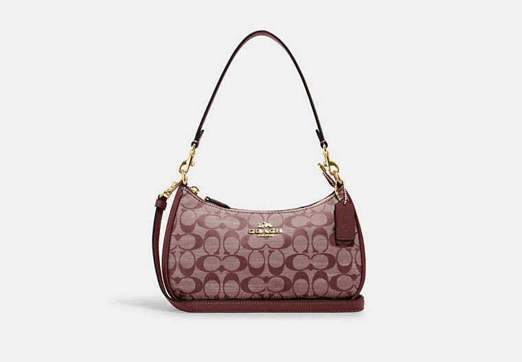 COACH®,TERI SHOULDER BAG IN SIGNATURE CHAMBRAY,Medium,Gold/Wine Multi,Front View