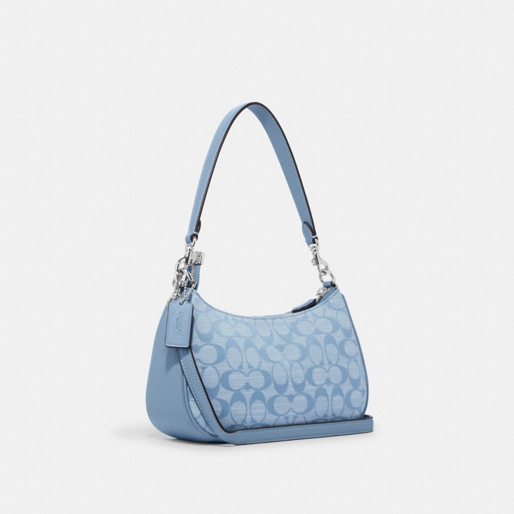 COACH®,TERI SHOULDER BAG IN SIGNATURE CHAMBRAY,Medium,Silver/Cornflower Multi,Angle View