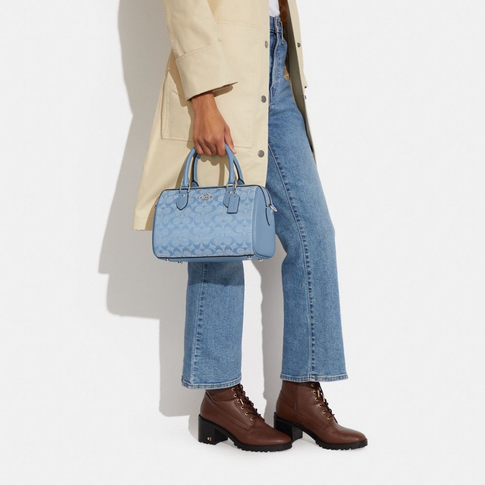 Coach Denim Blue Signature Chambray and Leather Mini Rowan