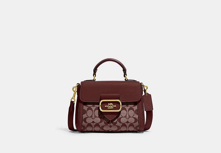 COACH®,MORGAN TOP HANDLE SATCHEL IN SIGNATURE CHAMBRAY,Medium,Gold/Wine Multi,Front View