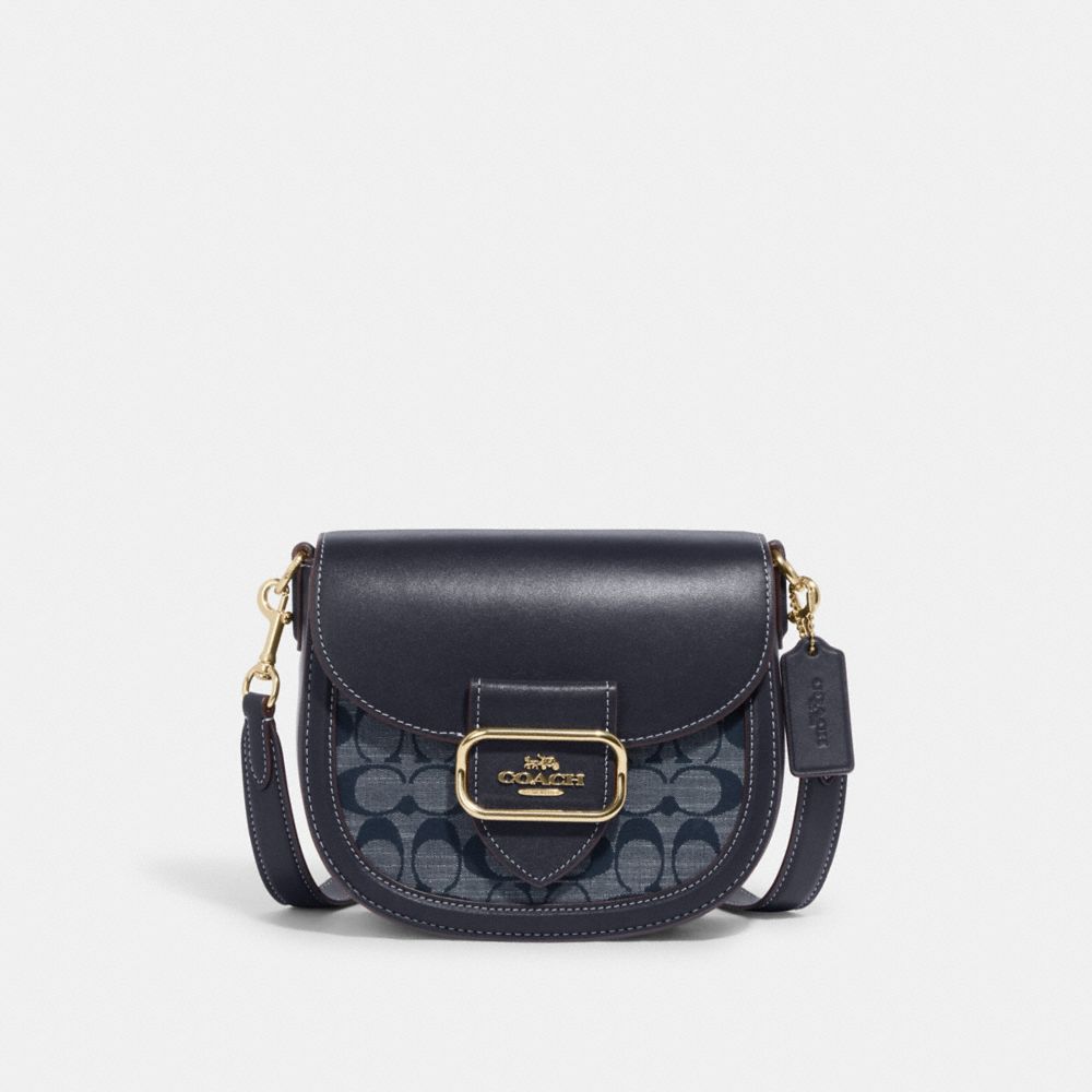 COACH®,MORGAN SADDLE BAG IN SIGNATURE CHAMBRAY,Denim,Small,Gold/Denim Multi,Front View