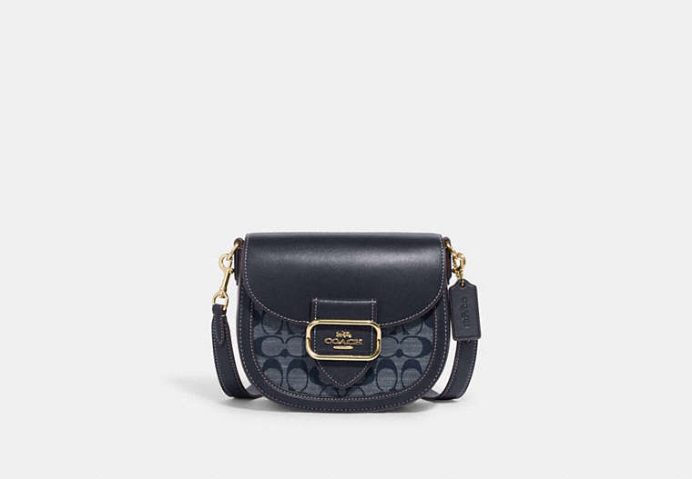 COACH®,MORGAN SADDLE BAG IN SIGNATURE CHAMBRAY,Small,Gold/Denim Multi,Front View