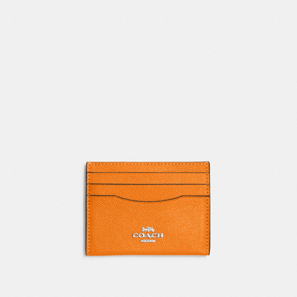 COACH®,SLIM ID CARD CASE,Crossgrain Leather,Silver/Bright Mandarin,Front View
