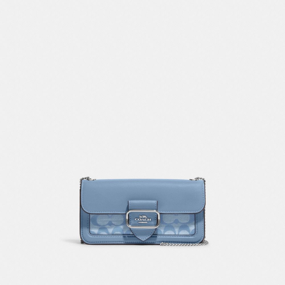 COACH®,PORTÉ-CROISÉ MORGAN EN CHAMBRAY SIGNATURE,Argent/Centaurée multi,Front View