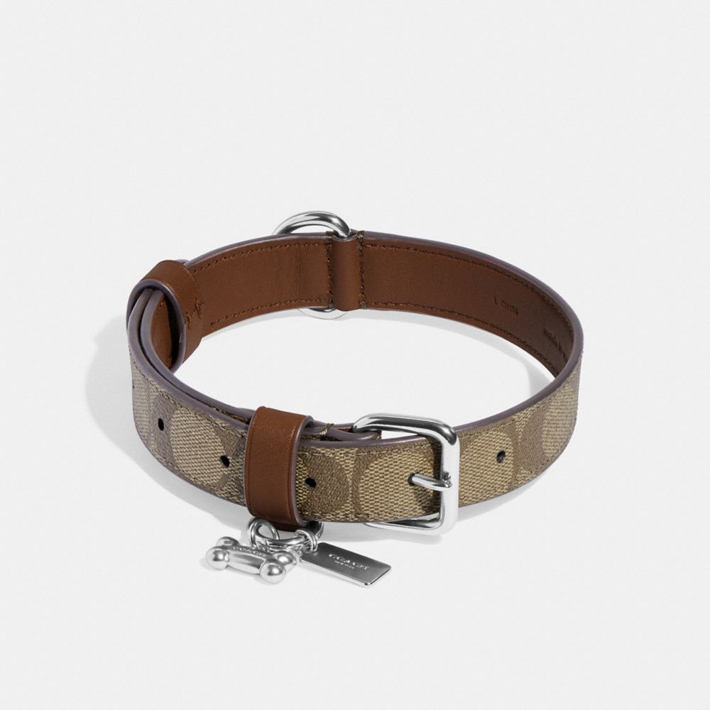 COACH®,BOXED LARGE PET COLLAR IN SIGNATURE CANVAS,Silver/Khaki Saddle,Inside View,Top View