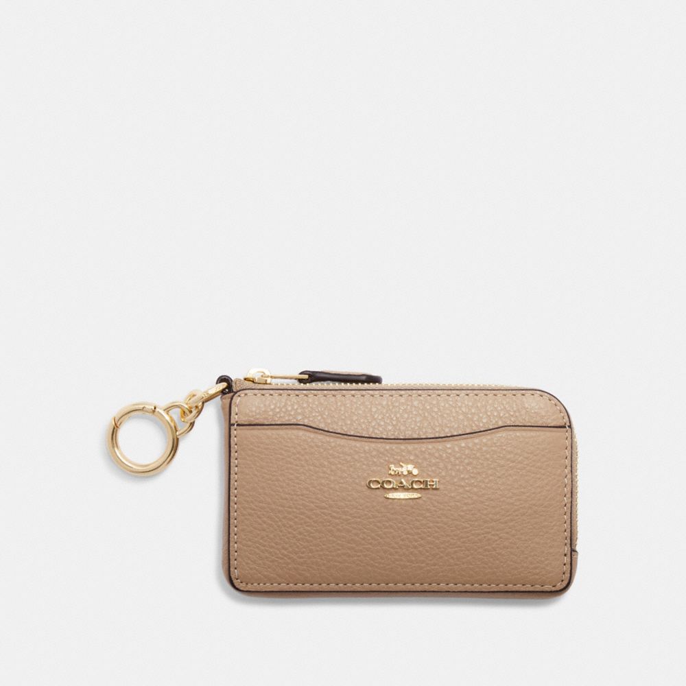 COACH®,MULTIFUNCTION CARD CASE,Pebbled Leather,Mini,Gold/Taupe,Front View