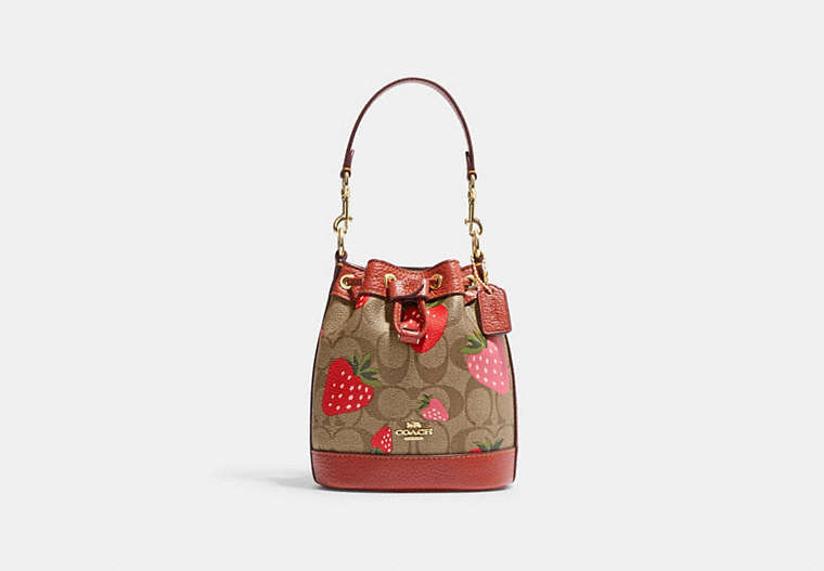 COACH®,MINI DEMPSEY BUCKET BAG IN SIGNATURE CANVAS WITH WILD STRAWBERRY PRINT,Small,Gold/Khaki Multi,Front View
