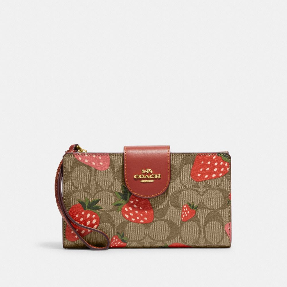 Coach Gold / Red Signature Canvas Mini Klare Strawberry Print Crossbody Bag