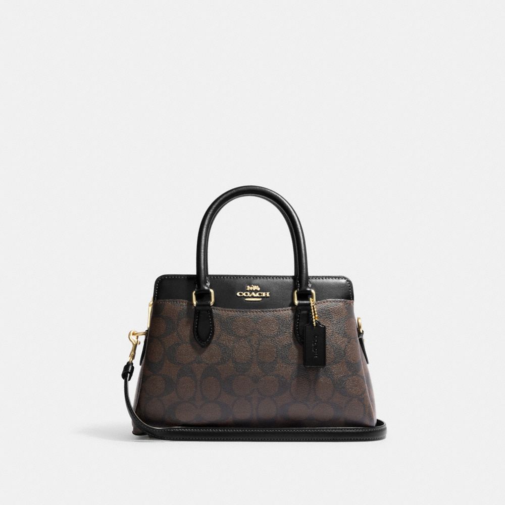 COACH®,MINI DARCIE CARRYALL BAG IN SIGNATURE CANVAS,Signature Canvas,Small,Gold/Brown Black,Front View image number 0