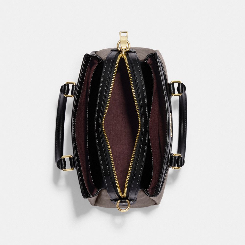 COACH®,Mini Darcie Carryall Bag In Signature Canvas,Leather,Canvas,Satchel,PVC,Color Block,Logo,Gold Metal,Casual,Brown,Inside View,Top View