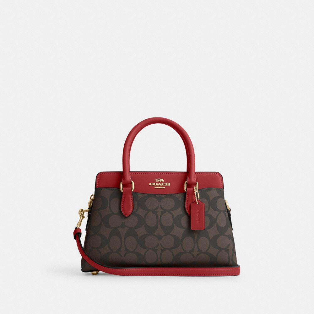 COACH®,MINI DARCIE CARRYALL BAG IN SIGNATURE CANVAS,Signature Canvas,Small,Gold/Brown 1941 Red,Front View