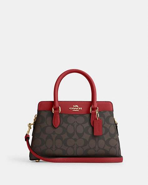 COACH®,MINI DARCIE CARRYALL IN SIGNATURE CANVAS,pvc,Small,Gold/Brown 1941 Red,Front View
