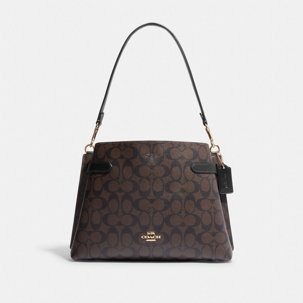 COACH®,HANNA SHOULDER BAG IN SIGNATURE CANVAS,Medium,Gold/Brown Black,Front View image number 0