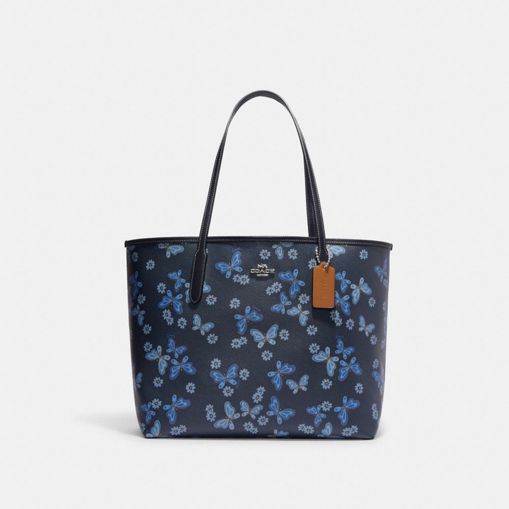 Silver Midnight Navy Multi City Tote Bag With Lovely Butterfly Print