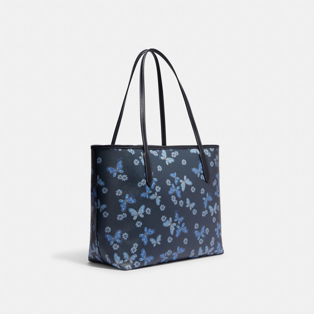 COACH®,CITY TOTE BAG WITH LOVELY BUTTERFLY PRINT,X-Large,Silver/Midnight Navy Multi,Angle View