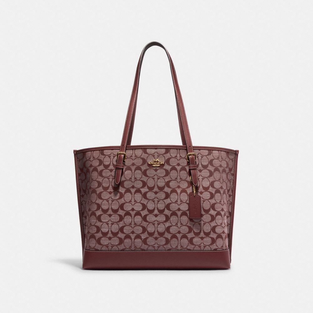 COACH®,CABAS MOLLIE EN CHAMBRAY SIGNATURE,Or/Rouge vin multi,Front View