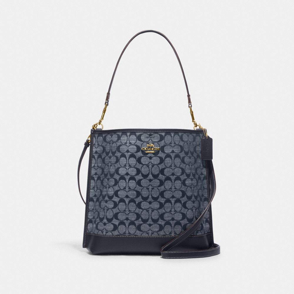 COACH®,SAC SEAU MOLLIE EN CHAMBRAY SIGNATURE,Or/Denim multi,Front View