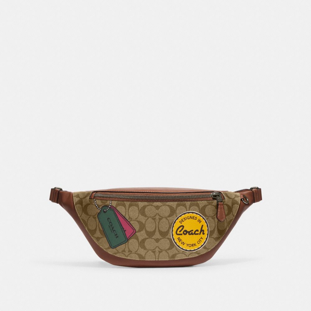 COACH®,WARREN BELT BAG IN SIGNATURE CANVAS WITH TROMPE L'OEIL PRINT,Medium,Gunmetal/Khaki Multi,Front View