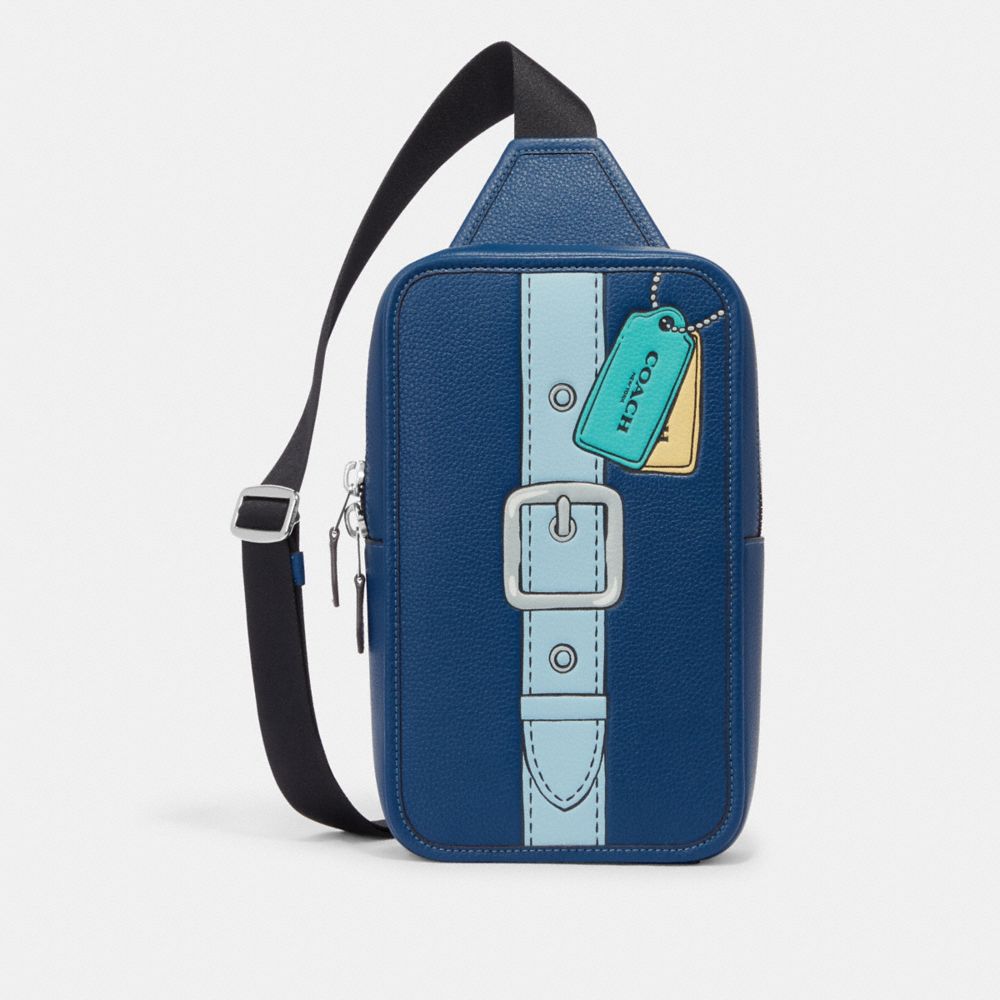 COACH®,SULLIVAN PACK WITH TROMPE L'OEIL PRINT,Medium,Silver/True Blue Multi,Front View