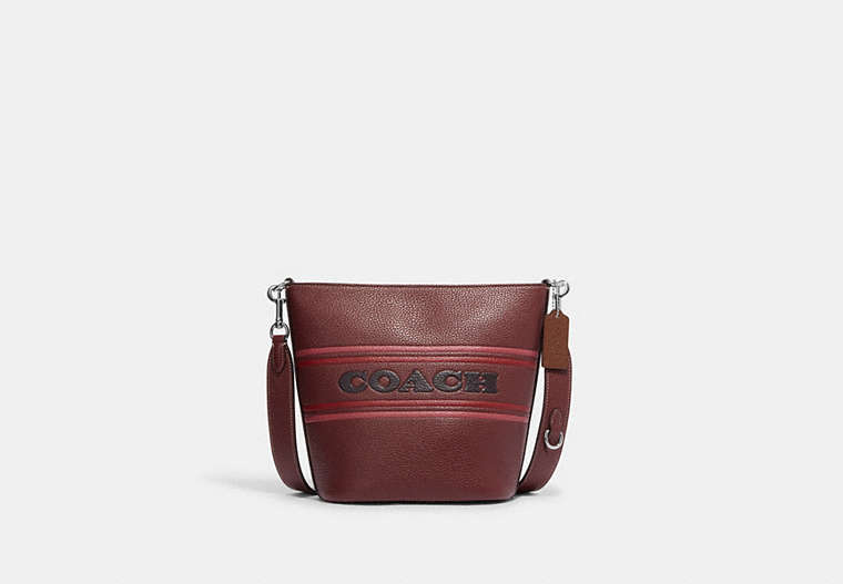 COACH®,LOGAN DUFFLE WITH COACH STRIPE,Leather,Medium,Travel,Silver/Wine Multi,Front View