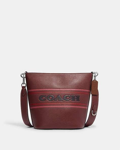 COACH®,LOGAN DUFFLE WITH COACH STRIPE,Leather,Travel,Silver/Wine Multi,Front View