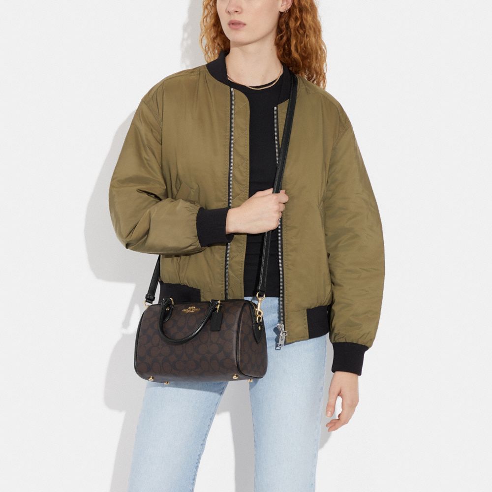 COACH®,Rowan Satchel Bag In Signature Canvas,Leather,Canvas,Satchel,PVC,Logo,Color Block,Gold Metal,Casual,Brown,Detail View