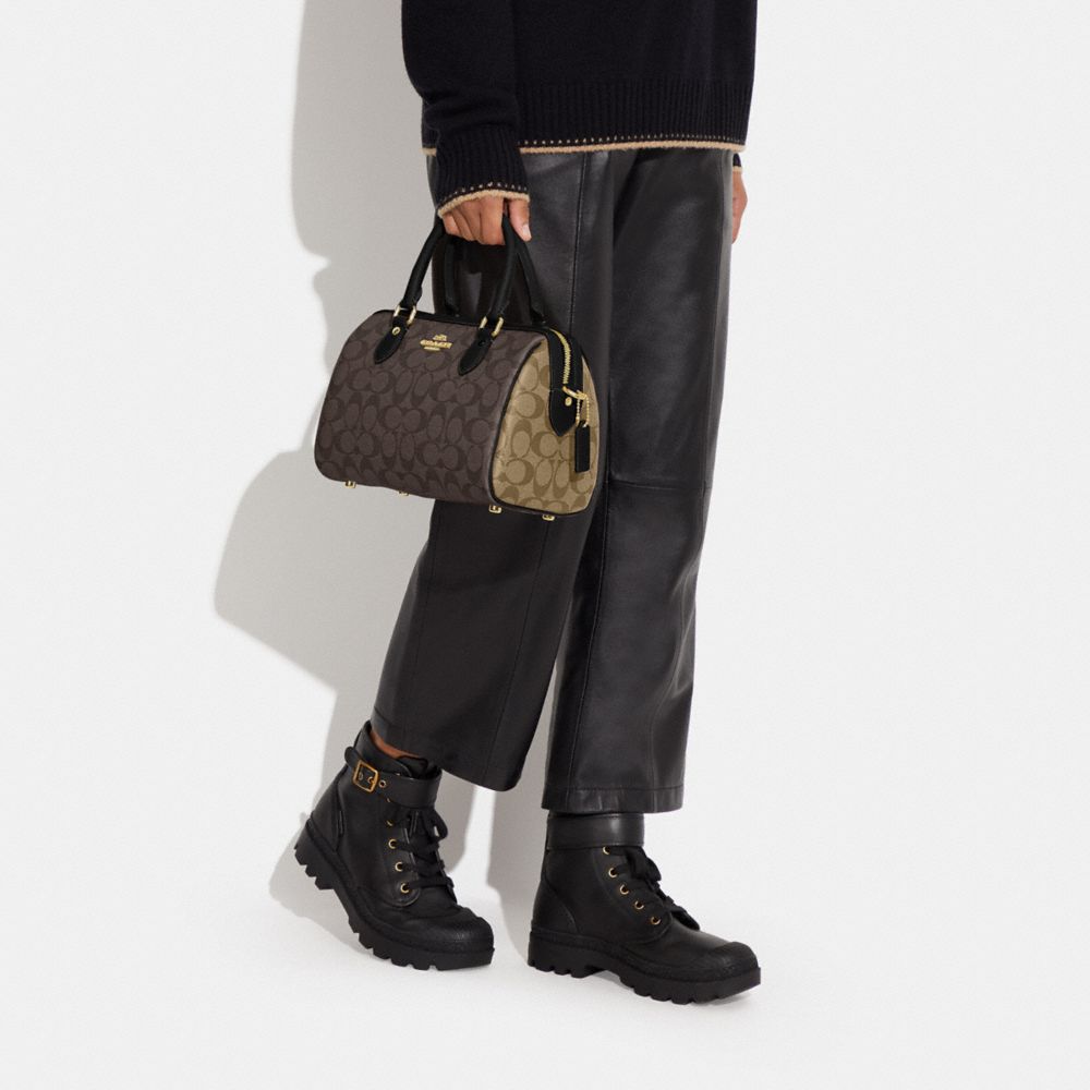 COACH®,Rowan Satchel Bag In Signature Canvas,Leather,Canvas,Satchel,PVC,Logo,Color Block,Gold Metal,Casual,Brown,Detail View