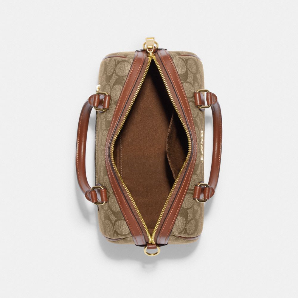 COACH®,Rowan Satchel Bag In Signature Canvas,Leather,Canvas,Satchel,PVC,Logo,Color Block,Gold Metal,Casual,,Inside View,Top View