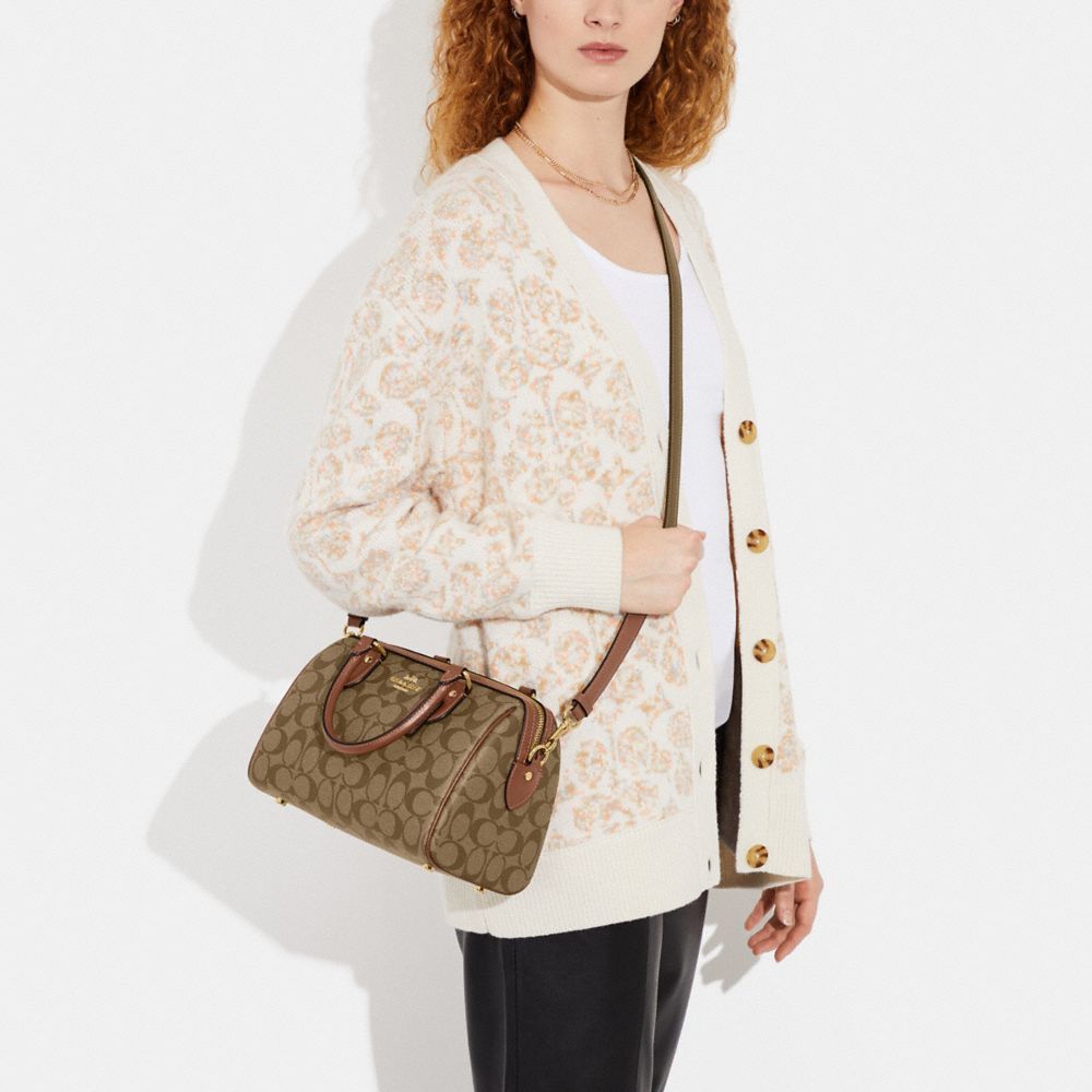 COACH®,Rowan Satchel Bag In Signature Canvas,Leather,Canvas,Satchel,PVC,Logo,Color Block,Gold Metal,Casual,,Detail View