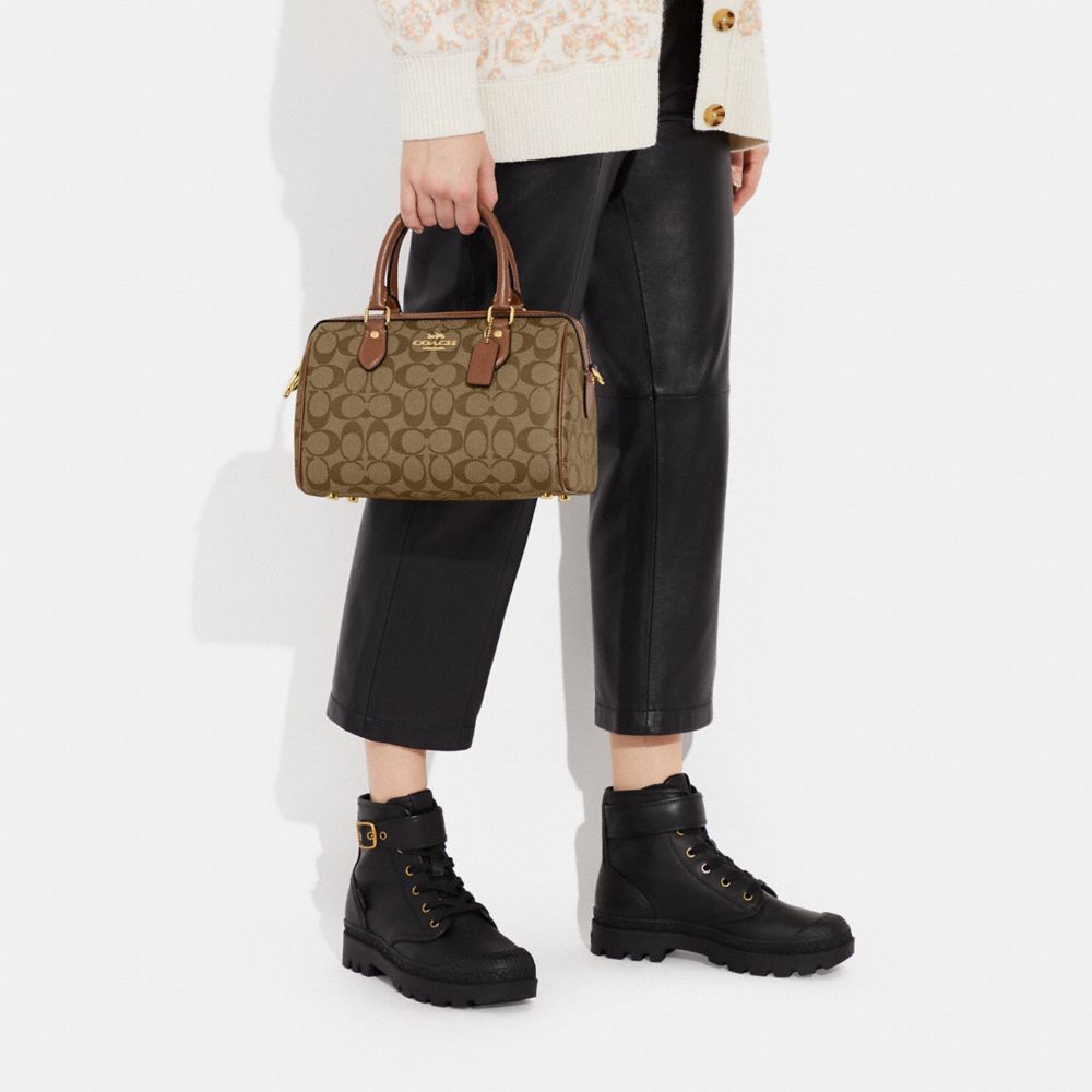 COACH®,Rowan Satchel Bag In Signature Canvas,Leather,Canvas,Satchel,PVC,Logo,Color Block,Gold Metal,Casual,,Detail View