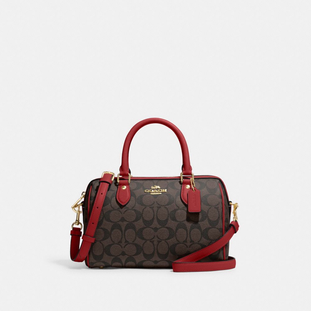 COACH®,ROWAN SATCHEL BAG IN SIGNATURE CANVAS,Signature Canvas,Medium,Anniversary,Gold/Brown 1941 Red,Front View