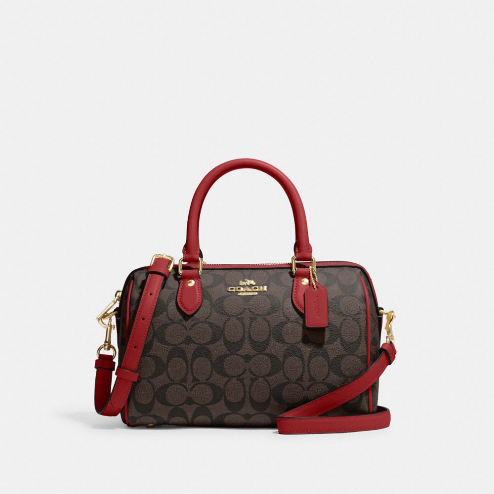 COACH®,ROWAN SATCHEL BAG IN SIGNATURE CANVAS,Signature Canvas,Medium,Anniversary,Gold/Brown 1941 Red,Front View