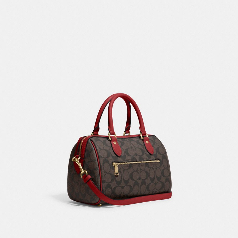 COACH®,ROWAN SATCHEL BAG IN SIGNATURE CANVAS,Signature Canvas,Medium,Anniversary,Gold/Brown 1941 Red,Angle View