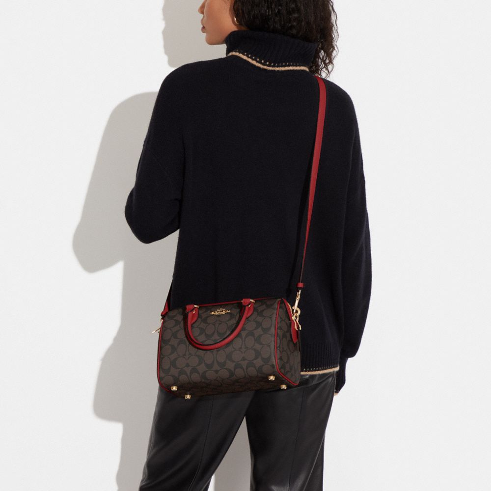 COACH®,Rowan Satchel Bag In Signature Canvas,Canvas,Leather,Satchel,PVC,Color Block,Logo,Gold Metal,Casual,Multi Color,Detail View