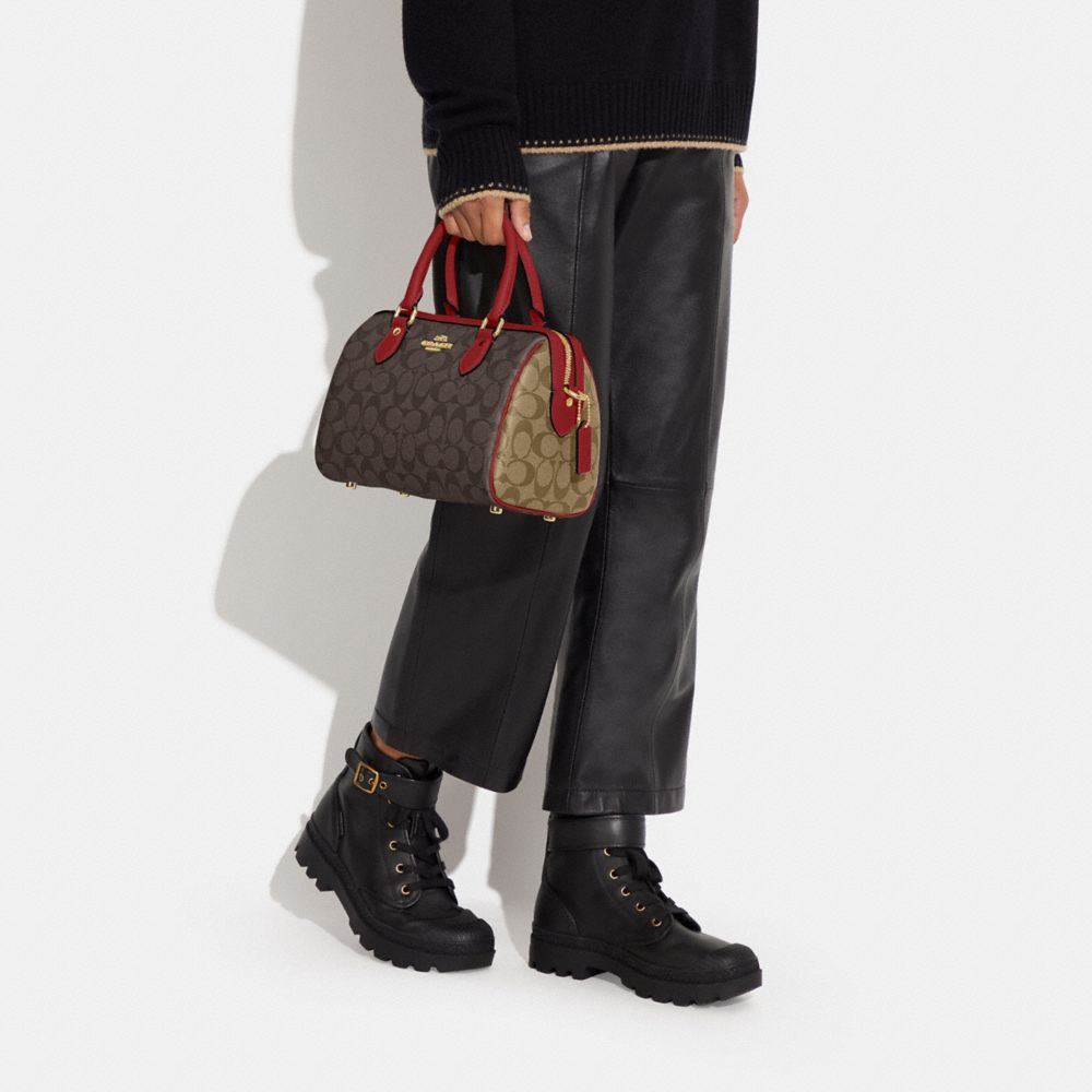 COACH®,Rowan Satchel Bag In Signature Canvas,Canvas,Leather,Satchel,PVC,Color Block,Logo,Gold Metal,Casual,Multi Color,Detail View