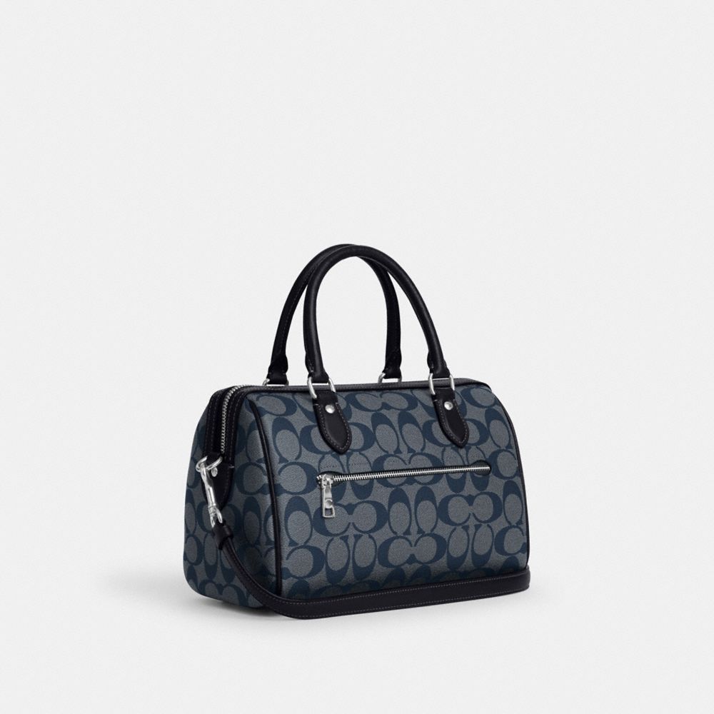 COACH®,ROWAN SATCHEL BAG IN SIGNATURE CANVAS,Signature Canvas,Medium,Anniversary,Silver/Denim/Midnight Navy,Angle View