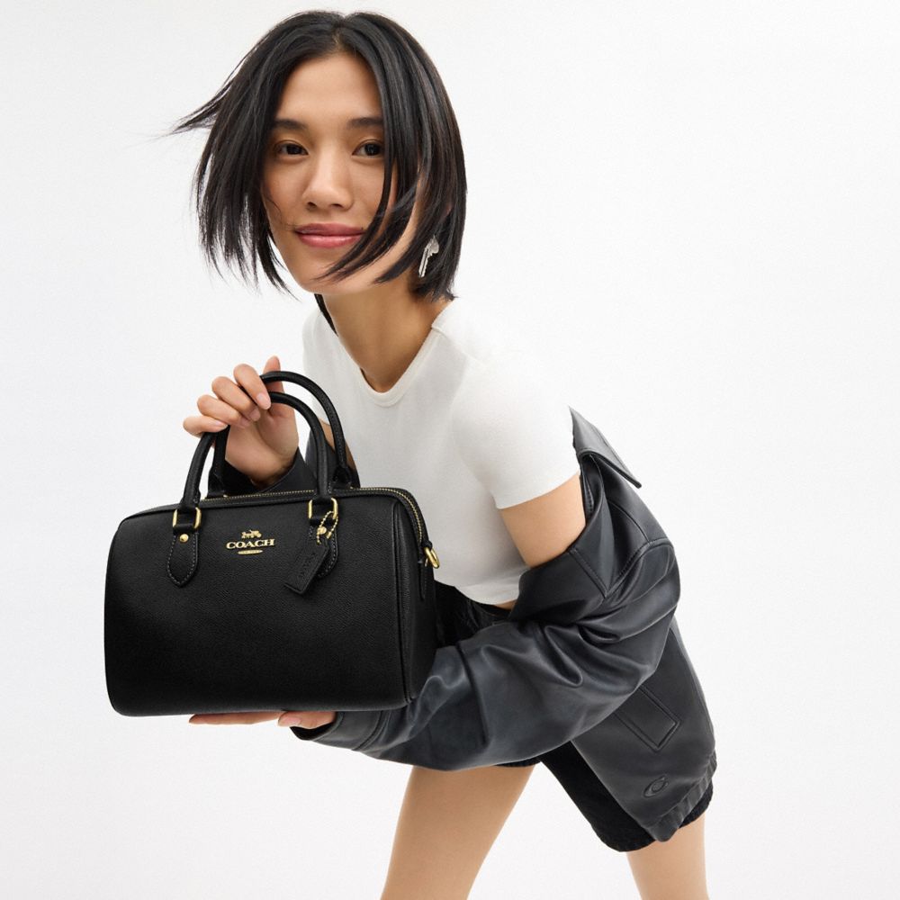 COACH®,Rowan Satchel Bag,Leather,Satchel,Belt,Gold Metal,Casual,Black,Detail View
