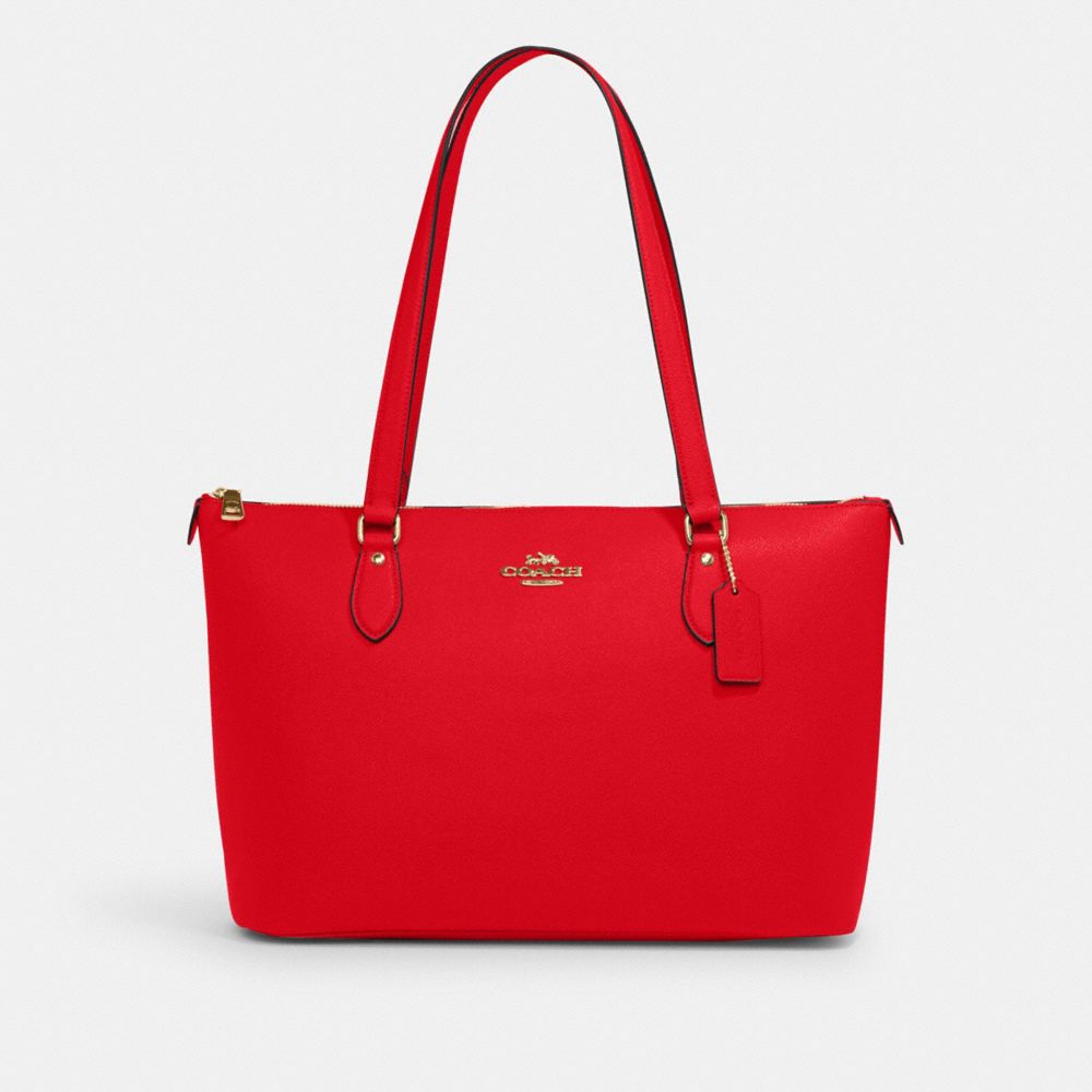 COACH®,GALLERY TOTE BAG,Crossgrain Leather,Everyday,Gold/Electric Red,Front View