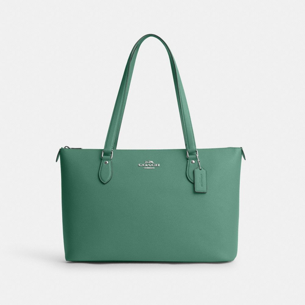 COACH®,GALLERY TOTE BAG,Crossgrain Leather,Large,Everyday,Silver/Bright Green,Front View