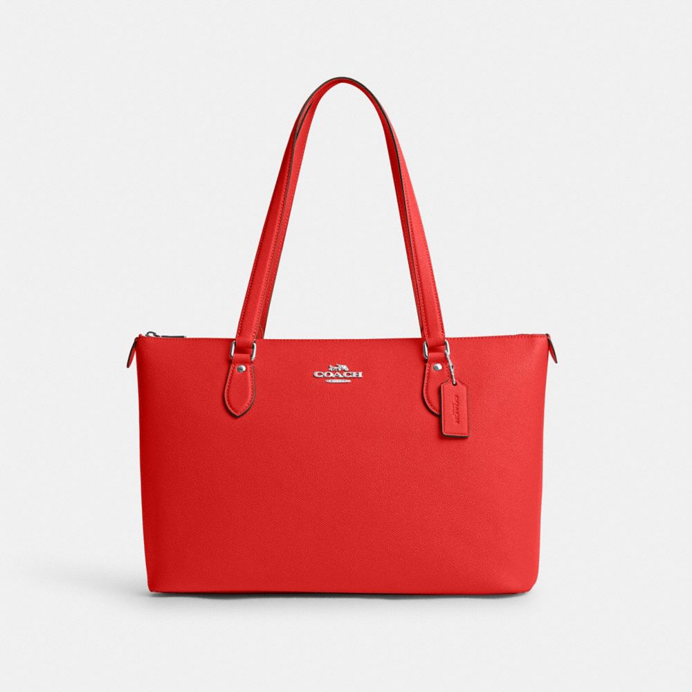 COACH®,GALLERY TOTE BAG,Crossgrain Leather,Everyday,Silver/Miami Red,Front View