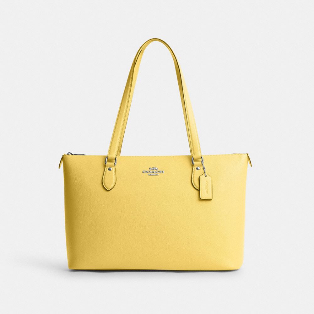 COACH®,GALLERY TOTE BAG,Crossgrain Leather,Everyday,Silver/Retro Yellow,Front View