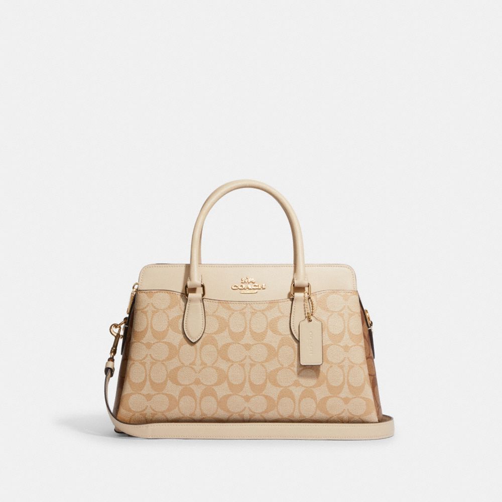 COACH®,DARCIE CARRYALL BAG IN BLOCKED SIGNATURE CANVAS,Medium,Gold/Light Khaki Multi,Front View