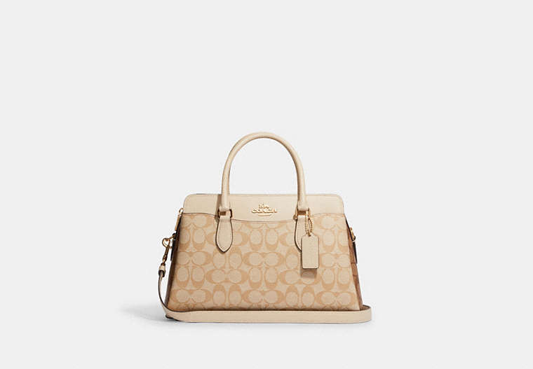 COACH®,DARCIE CARRYALL IN BLOCKED SIGNATURE CANVAS,Medium,Gold/Light Khaki Multi,Front View image number 0