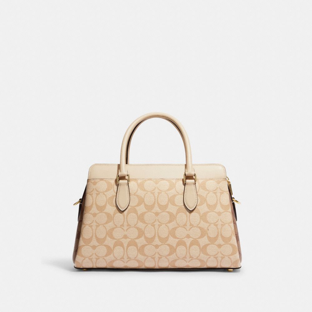 COACH®,DARCIE CARRYALL BAG IN BLOCKED SIGNATURE CANVAS,Medium,Gold/Light Khaki Multi,Back View