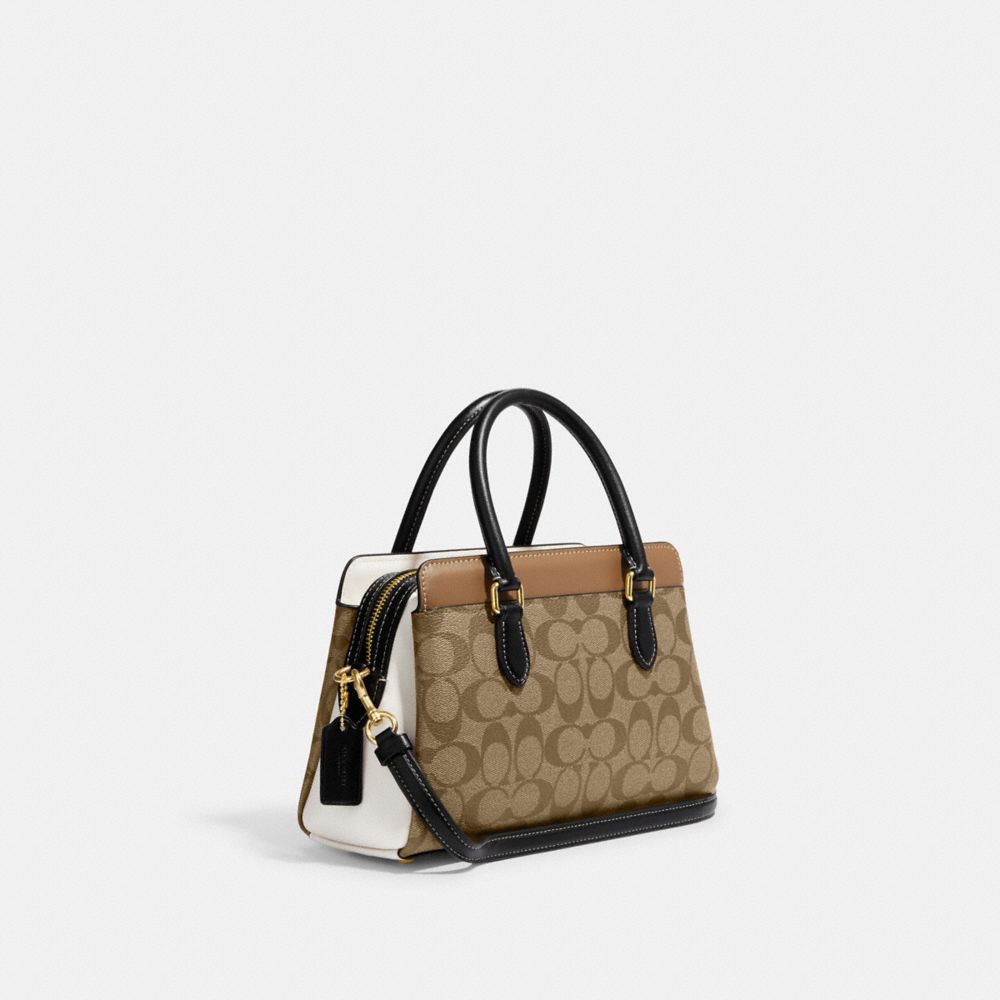 COACH®,MINI DARCIE CARRYALL BAG IN COLORBLOCK SIGNATURE CANVAS,Signature Canvas,Small,Gold/Khaki Multi,Angle View