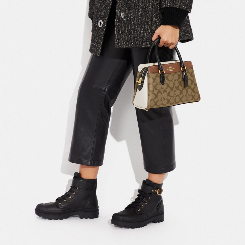 COACH®,Mini Darcie Carryall Bag In Colorblock Signature Canvas,Leather,Canvas,Satchel,Color Block,Logo,Gold Metal,Casual,Multi Color,Detail View